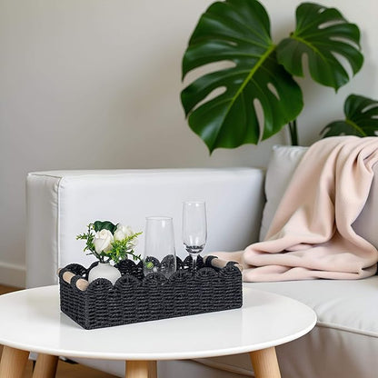 CubesLand Scalloped Edge Decor Basket for Living Room, Home, Bathroom, 2SAME SIZE Paper Rope Baskets, Toilet Storage Baskets for Over Toilet Storage Shelf, Cozy Woven Basket Both Storage&Decor, Black