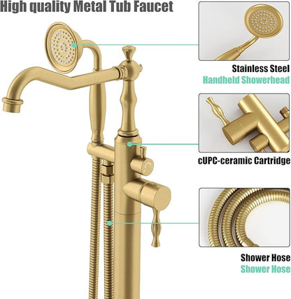 Hoimpro Free Standing Tub Faucet Freestanding Tub Filler Bathtub Faucet Stand Alone Floor Mounted Bathtub Faucet Set Handheld Sprayer Brass Brushed Gold