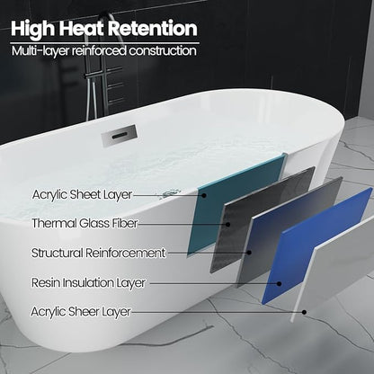 59" Free Standing Tub, Acrylic Soaking Bathtub, Stand Alone Freestanding Tub with Matte Sliver Drain and Overflow, Contemporary Bathtub for Bathroom, Burnish White