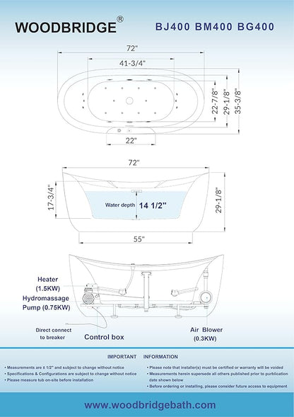 WOODBRIDGE 72" x 35-3/8" Whirlpool and Air Bath Heated Soaking Combination Tub with Adjustable Speed Air Blower and Display Control Panel, Brushed Gold Finish Trim and Drain Kit, BG400