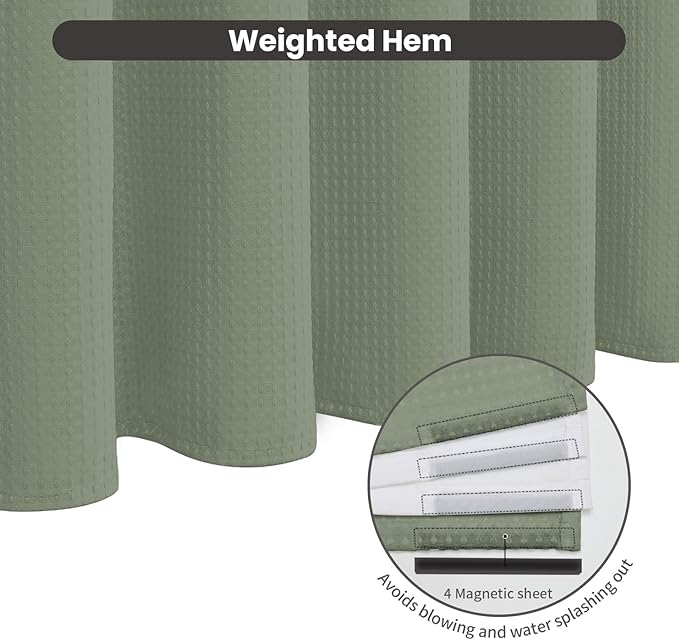Inhousolu No Hook Waffle Weave Shower Curtain with Removable Snap in Fabric Liner Set for Bathroom, 230 GSM Heavy Duty Weighted Hem, Water Repellent Washable Bath Curtains, 72 x 72 Inch, Sage Green
