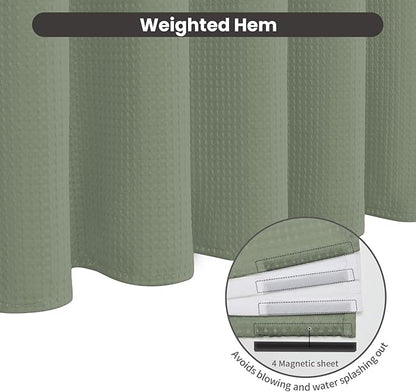 Inhousolu No Hook Waffle Weave Shower Curtain with Removable Snap in Fabric Liner Set for Bathroom, 230 GSM Heavy Duty Weighted Hem, Water Repellent Washable Bath Curtains, 72 x 72 Inch, Sage Green
