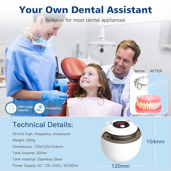 45kHz Retainer Cleaner Machine, 200ML Ultrasonic Dental Cleaning Pod with 4 Modes, Digital Timer, Mouth Guard Cleaner for Denture, Aligner, Braces, Toothbrush, Jewelry and More (White)