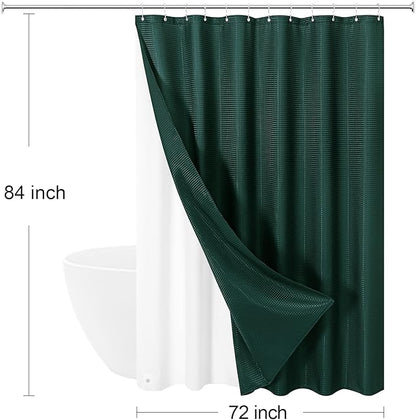 3 in 1 Extra Long Dark Green Shower Curtain Set-72 W x 84 H, Modern Waffle and PEVA Liner Set with 12 Stainless Steel Hooks, Waterproof Fabric for Bathroom