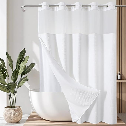 VANZAVANZU Hookless Shower Curtain with Mesh Top and Snap in Waterproof Liner, Waffle Weave, Weighted Magnets Hem, Machine Washable, 72 x 75 Inches – (White)