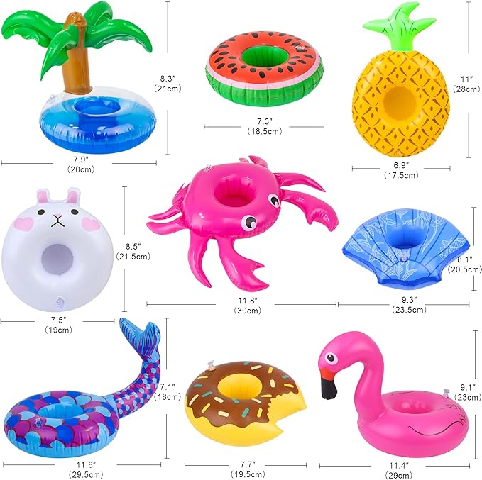 9Pcs Doll Swimming Pool Inflatable Float Including - Flamingos Donuts Pineapples Shells Crabs Rabbit Inflatable Drink Holder for Pool Party and Kids Toys