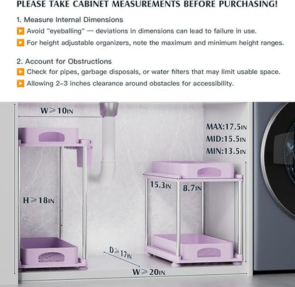 VERIFOST Under Sink Organizer - 2 Pack Adjustable Height, 2 Tier Organizers for Bathroom & Kitchen Sink, Purple