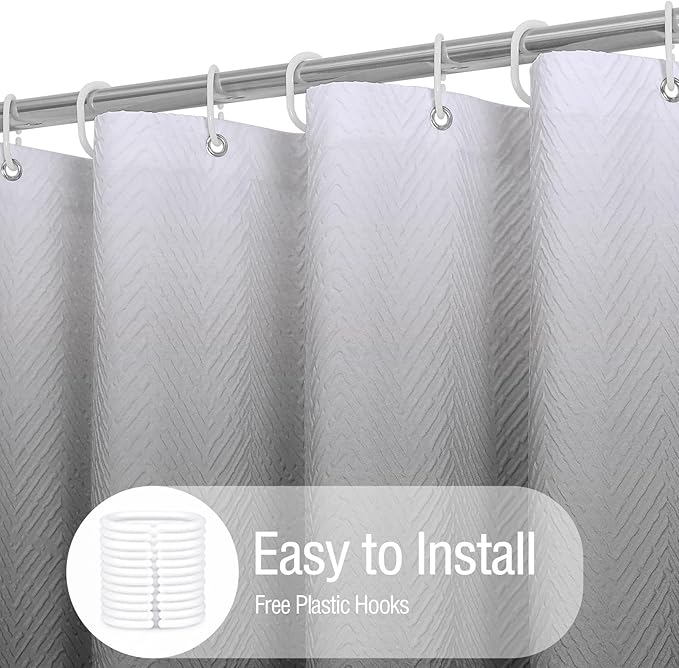 Gibelle Ombre Grey Shower Curtain, 3D Embossed Textured Herringbone Fabric Shower Curtain, Modern Farmhouse Bathroom Decor Soft Cloth Shower Curtain Set with Hooks, 72x72