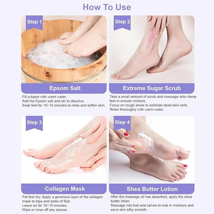 Epsom Salt Soak, Callus Remover Gel, Extreme Sugar Scrub, Collagen Mask & Shea Butter Lotion – Professional Spa Foot Care System 5 Step Luxury Pedicure Kit. Milk & Honey 50 Set