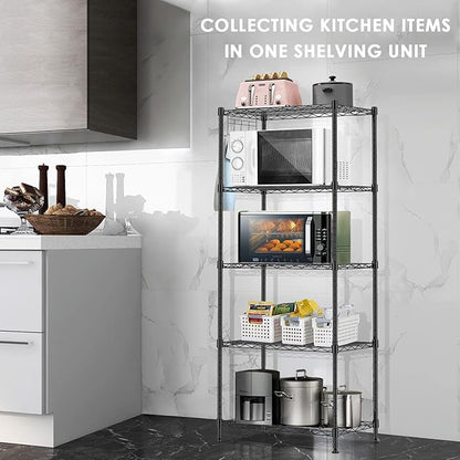 BNSPLY 5 Tier Wire Shelving Unit, Adjustable Wire Rack Shelving, Changeable Metal Wire Storage Shelves for Kitchen, Laundry, Bathroom, Balcony, Pantry (11.4" D x 21.3" W x 59" H, Black)