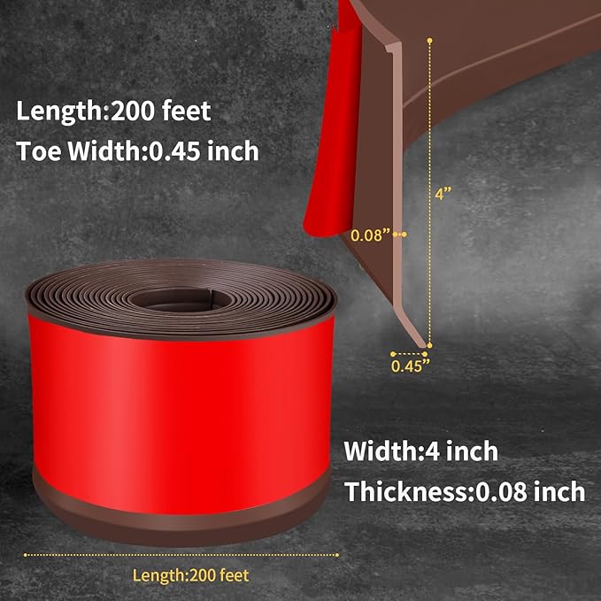 Flexible Baseboard Molding Trim 4 Inch Self-Adhesive Vinyl Wall Base Peel and Stick Cove Base Rubber Wall Baseboard Moulding Trim (200Ft, Brown)