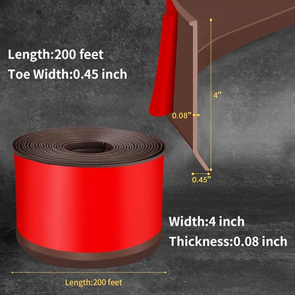 Flexible Baseboard Molding Trim 4 Inch Self-Adhesive Vinyl Wall Base Peel and Stick Cove Base Rubber Wall Baseboard Moulding Trim (200Ft, Brown)