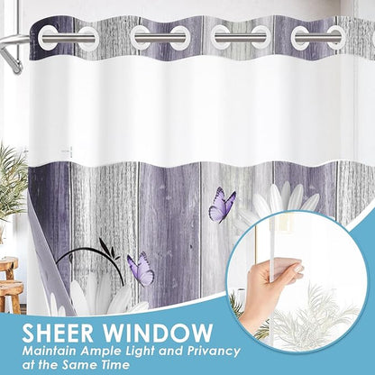 No Hook Flower Daisy Shower Curtain with Snap in Fabric Liner Set, Purple Wooden Boards Double Layers Waterproof Fabric with See Through Top Window Open Grommet Bath Curtain 71x74 Inch