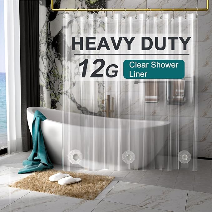 AmazerBath Heavy Duty Shower Curtain Liner 12 Gauge, 72 x 65 Inches Clear Shower Curtain Liner with 3 Clear Stones and 12 Grommet Holes, Weighted Plastic Shower Liner