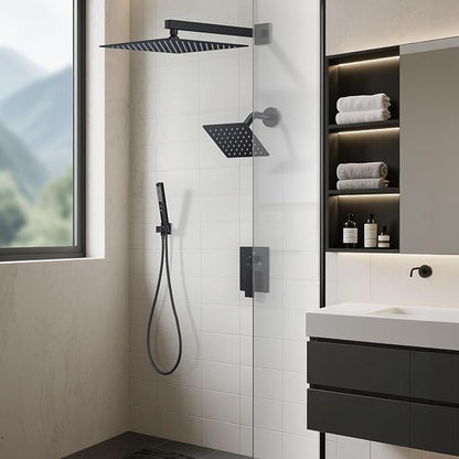 Rain Shower System Matte Black Shower Faucet Set, Dual Rainfall Shower Head Set with 2 in 1 Handheld Spray, Wall Mounted Bathroom 12-inch & 6-inch Square Showerheads with Valve, Matte Black