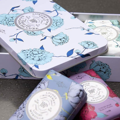 La Chatelaine Luxury Bar Soap Trio Gift Set Tin – Winter White | Made in France | Natural and Organic Soap Bars | Shea Butter Formula | 3 x 7 oz / 200g (Cherry Almond, Coconut Milk, Lychee Bilberry)