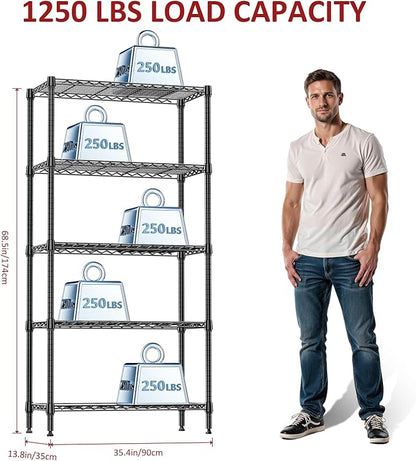 IZEUK 5 Tier Black Metal Storage Shelves, Heavy Duty Wire Shelving Rack for Garage, Kitchen, Bathroom, or Laundry Organization, 1250 lbs Capacity, 13.8" D x 35.4" W x 68.5" H