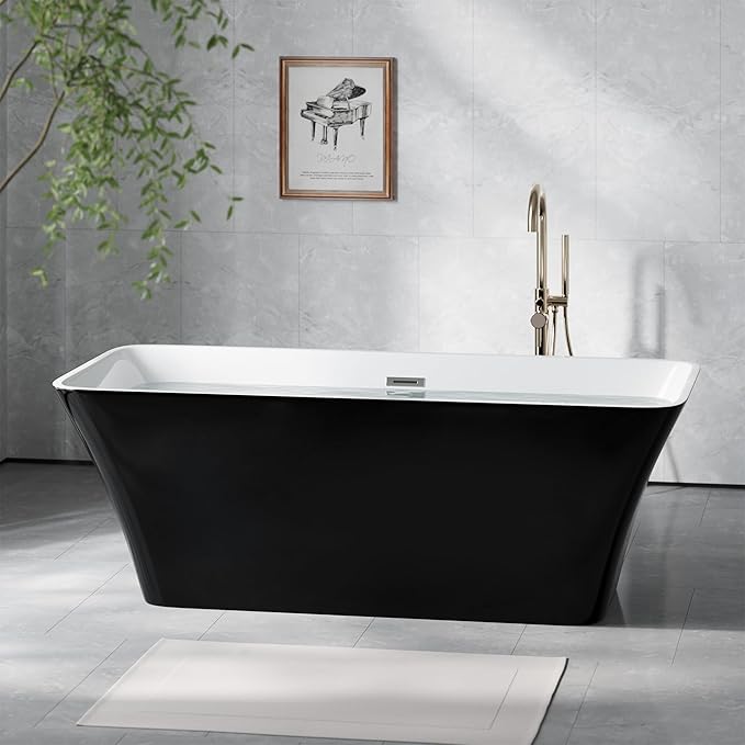 67 Inch Freestanding Acrylic Bathtub, Modern Black Soaking Tub with Chrome Overflow & Drain, CUPC Certified, Deep Soaking Design for Luxurious Spa Experience, Contemporary Bathroom Centerpiece