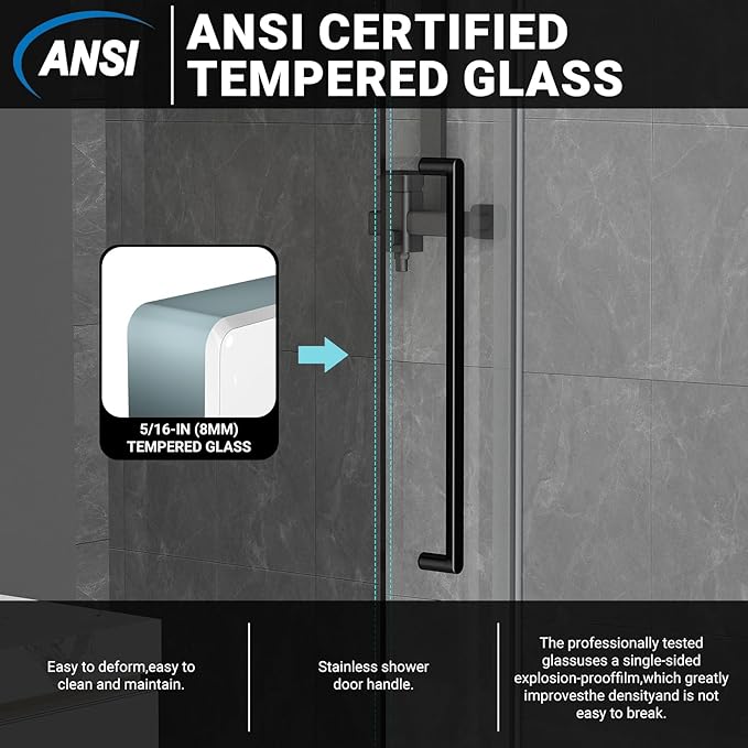 Chabatree Shower Door 60" W x 76" H Frameless Sliding Shower Door,Frameless Shower Door with Sealing Strip and Waterproof Handle,5/16"(8mm) Clear Tempered Glass,Stainless Steel Hardware,Black