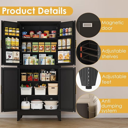 75" Tall Metal Kitchen Pantry Storage Cabinet, Freestanding Cupboard Storage Cabinet with 4 Doors and 4 Adjustable Shelves, Large Stand Up Food Cupboard for Dinning Room, Bathroom（Black）