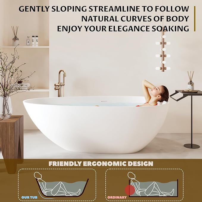 67" Resin Stone Freestanding Bathtub, Soaking Tub, Ergonomic Design, Easy Installation for Modern Spa Bathrooms, Matte White