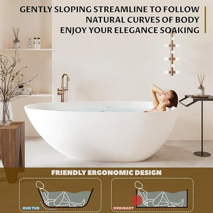 67" Resin Stone Freestanding Bathtub, Soaking Tub, Ergonomic Design, Easy Installation for Modern Spa Bathrooms, Matte White