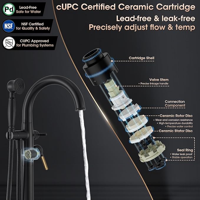 Freestanding Bathtub Faucet Black & Rose Gold Tub Filler High Flow 6.65GPM@60PSI Floor Mount Tub Faucets with Vintage Hand Shower