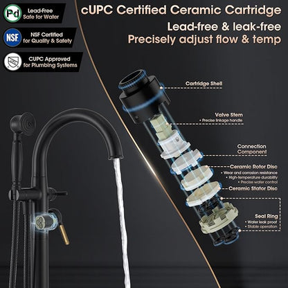 Freestanding Bathtub Faucet Black & Rose Gold Tub Filler High Flow 6.65GPM@60PSI Floor Mount Tub Faucets with Vintage Hand Shower