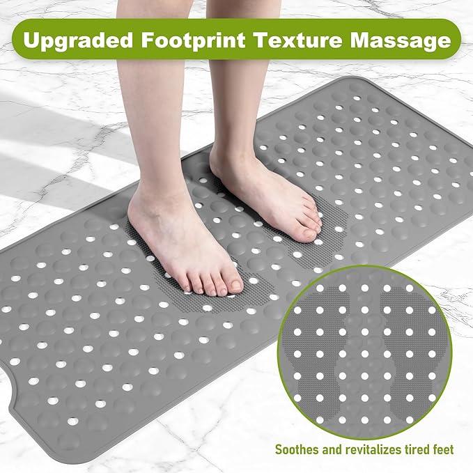 Silicone Bath Tub Mat Non Slip, 36"x16" Shower Foot Scrubber Mat with Drain Holes and Suction Cups, Upgraded Bathtub and Shower Mats, Machine Washable Bathtub Floor Liner Mats for Bathroom