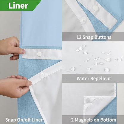 Extra Long No Hooks Needed Linen Textured Shower Curtain with Snap-in Fabric Liner Set,White Hotel Luxury Decor Shower Curtains for Bathroom,Waterproof & Washable,71Wx86H,Fog Blue
