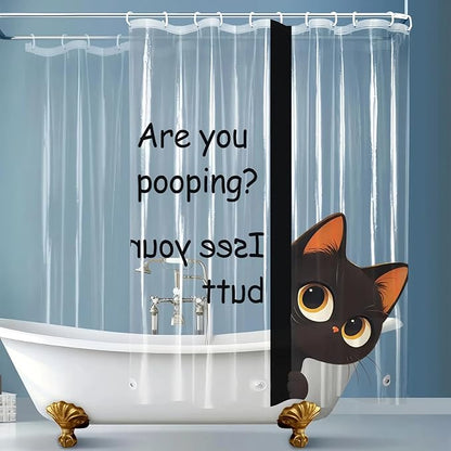 Clear Cute Funny Black Cat Shower Curtain Liner, Are You Pooping Shower Curtain, Fun Anime Cat Shower Curtains for Bathroom, 72x78 Plastic Cool Summer Shower Curtain Set with Weighted Magnets 12 Hooks