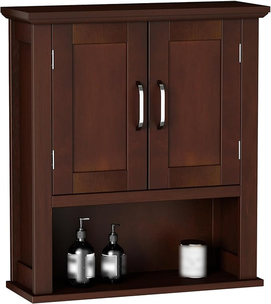 ChooChoo Wood Wall Cabinet with Doors, Medicine Cabinet with Adjustable Shelves Over The Toilet, Rustic Cabinet Wall Mounted for Bathroom, Kitchen, Living Room, Dark Cherry