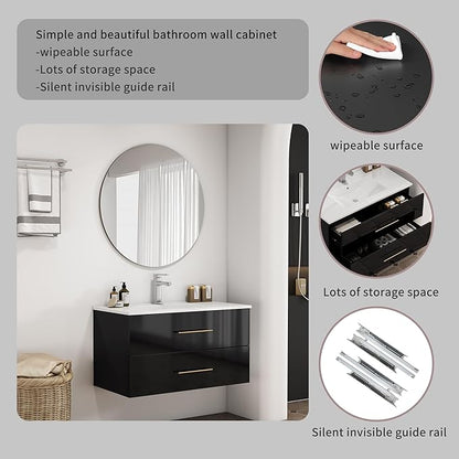 36" Wall Mounted Bathroom Vanity with Sink, High Gloss Black Floating Cabinet, Modern Gold Handles, 2 Soft Close Drawers, Integrated Ceramic Top for Powder Room