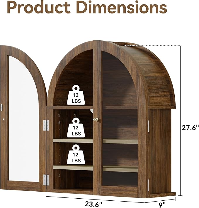 HOACT Arch Bathroom Wall Cabinet with Glass Door, 23.6" Medicine Cabinet with Adjustable Shelves, Natural Above Toilet Storage Cabinet for Kitchen, Laundry Room, Bedroom, Walnut