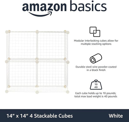Amazon Basics 4 Cube Storage Organizer - Wire Grid Closet and Storage Shelves, Stackable, White 14"x14"x14"