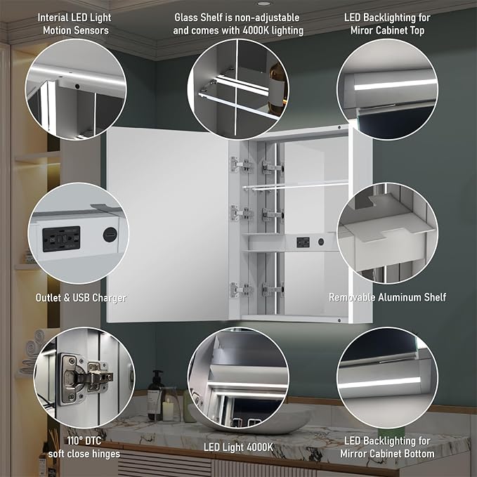 WELLFOR 24" x 30" LED Mirrored Bathroom Cabinet, Mirror Medicine Cabinet with Lights, Defogging LED Mirror Cabinet with Outlets & USB Ports, Surface Mounted, Left Opening Door, Hardwired Connected