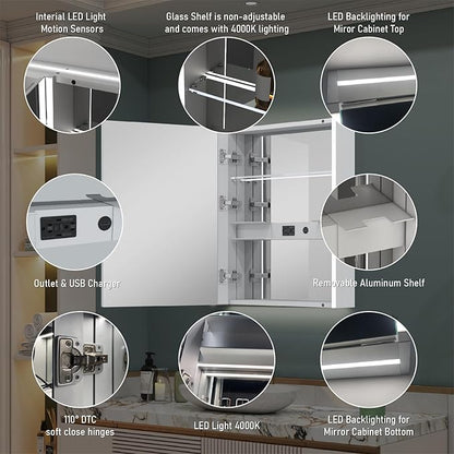 WELLFOR 24" x 30" LED Mirrored Bathroom Cabinet, Mirror Medicine Cabinet with Lights, Defogging LED Mirror Cabinet with Outlets & USB Ports, Surface Mounted, Left Opening Door, Hardwired Connected