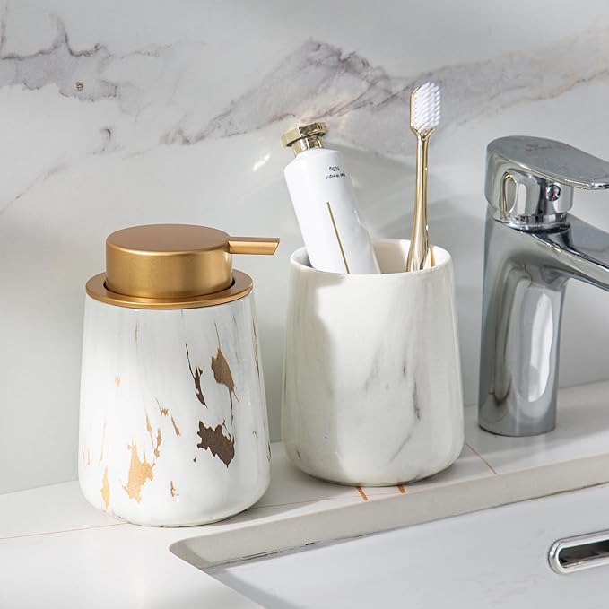 Enra Ceramic Gold Foaming Soap Dispenser,12 oz Marble Foam soap Dispenser Bathroom Refillable Hand Soap Dispenser for Bathroom Kitchen with Easy-to-Press Pump (Glod Foam Type)