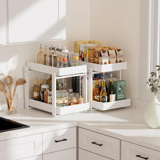 2 Pack Under Sink Organizer, Bamboo Wooden 2-Tier Pull-Out Storage with Sliding Drawers for Kitchen and Bathroom Cabinets, Easy Installation (White, 2 Packs)