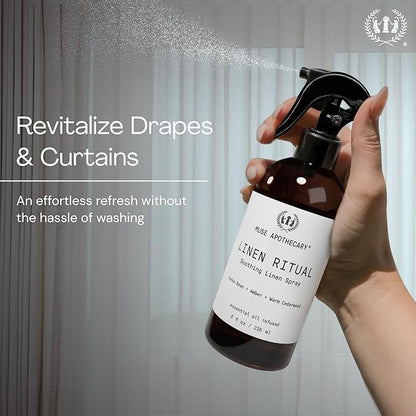 Muse Apothecary Linen Ritual - Aromatic, Soothing, and Relaxing Linen Mist, Laundry and Fabric Spray - Infused with Aromatherapy Essential Oils - 4 oz, Tonka Bean + Amber + Warm Cedarwood,