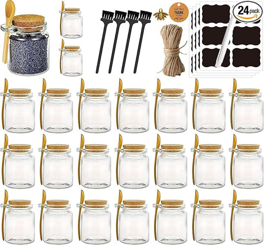 Ahhute Glass Sugar Scrubs Jars, Bath Salt Container, Snacks Spice Jars w/Bamboo Spoons, Honey Scrubs Body Butter Jar w/Corks, Labels and Cleaning Brush, Wedding Party Favors Gifts, 8oz 24 Pack