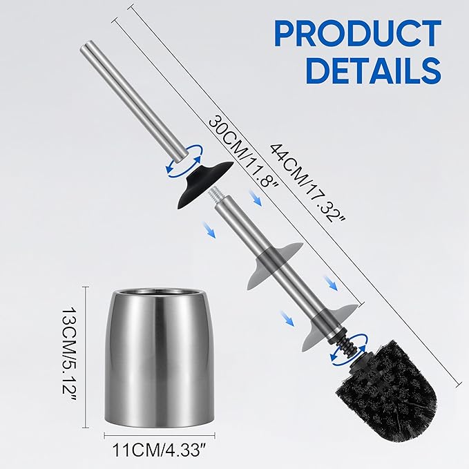 Toilet Brush and Holder Set Stain Nickle Stainless Steel 12In Handle BristlesToilet Bowl Brush Cepillo para Baños Bathroom Brushes Cleaning Brush with Case Anti-Rust Brushed Silver