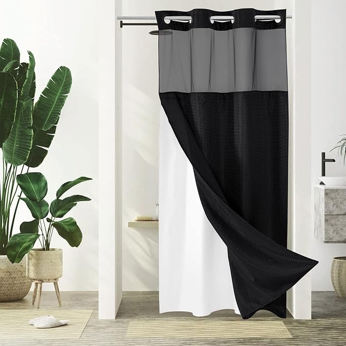 Gibelle Stall Small Shower Curtain 36x74, Waffle Weave Shower Curtain with Snap-in Fabric Liner Set, No Hooks Needed, Hotel Style with Mesh Top Window, Black