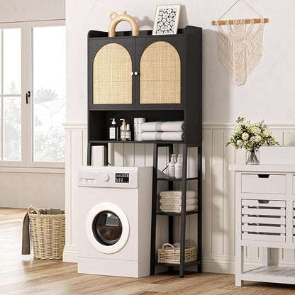 Rattan Over The Toilet Storage Cabinet with Adjustable Shelf, Bathroom Organizers and Storage with Metal Stand and Wood Rack, Tall Freestanding Shelf Space Saver, Black