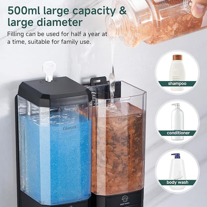 Shampoo and Conditioner Dispenser Wall Mounted No Drill, Shower Soap Dispenser 2 Chamber Shampoo Conditioner Body Wash Refillable 2 * 17oz Shower Soap Dispenser for Bathroom Hotel, Black+Clear