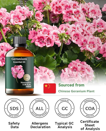 Pure Geranium Essential Oil, Mumianhua Natural Floral Oil for Bedroom Serenity & Garden Freshness, Aromatherapy for Evening Relaxation, Outdoor Ambiance, Reed Diffuser, Skin & Hair Care, 3.38 Fl Oz