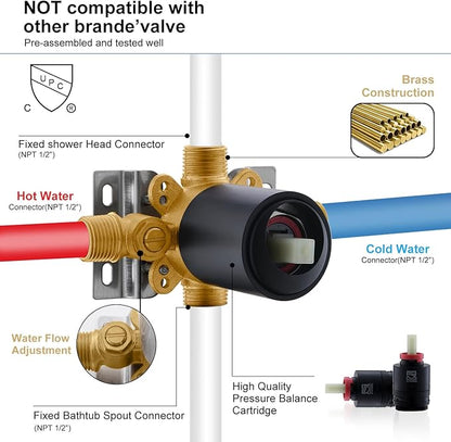 KENES Tub Shower Faucet Set Complete, Matte Black Tub and Shower Trim Kit with 6-Inch Rain Shower Head, Square Shower System, KE-6025A-2 (Shower Valve Included)