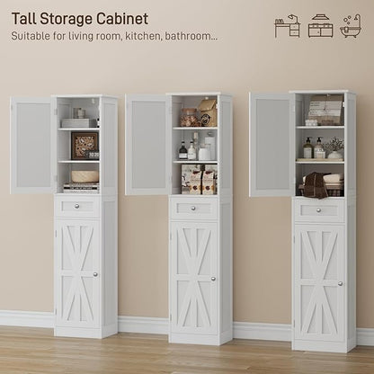 67" H Tall Bathroom Cabinet, Narrow Storage Cabinet with 2 Barn Doors and 1 Drawer, Freestanding Floor Cabinets with 6 Shelves for Bathroom, Living Room, Kitchen, White