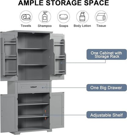 Favfurish 72" Tall Bathroom Storage Cabinet with Doors and Drawer,Modern Linen Cabinets w/Adjustable Shelves & Door Storage Rack,Freestanding Organizer for Bath Room,Study,Office,Kitchen Grey