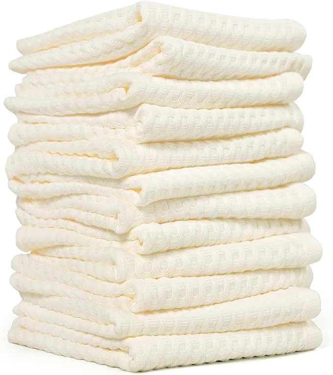 Cleanbear Wash Cloths 12 Pack, Cream Washcloths Set, 100% Cotton Waffle Weave – Fluffy, Absorbent, Quick-Drying Wash Cloths for Showering, Face, Body, and More